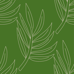 Seamless vector green leaves pattern. Thin line botanical illustration background. Stylish trendy plant organic nature wallpaper. Tropical pattern