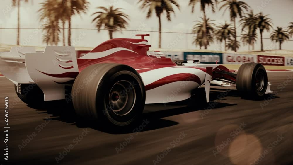 Aufkleber generic formula one race car drives past the camera and accelerates - dynamic camera pan – retro sty