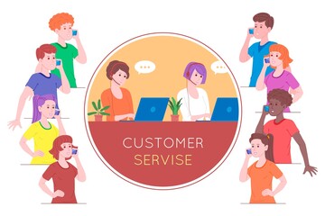 Call center, customer service, support and assistance landing page. Hotline woman operator with headsets and laptop. Concept of telemarketing and consultation. Cartoon vector illustration.