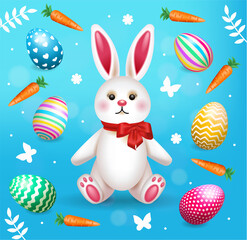 Happy Easter Illustration With Colorful Painted Eggs and Rabbit. Vector illustration for banner or decor.