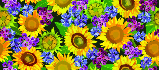 Fototapeta na wymiar Sunflowers and wildflowers vector seamless 