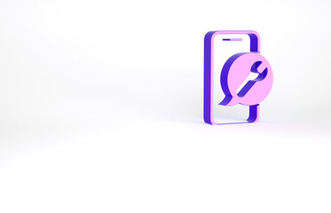 Purple Mobile phone with wrench icon isolated on white background. Adjusting, service, setting, maintenance, repair. Minimalism concept. 3d illustration 3D render.