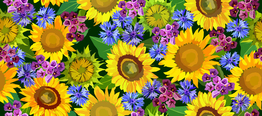 Fototapeta na wymiar Sunflowers and bluebottles flowers seamless pattern