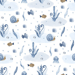 Seamless pattern with seaweed, fish, snails, jellyfish, seashells and watercolor spots.  Hand painted watercolor illustration on white background. Great for fabrics, wrapping papers, covers.