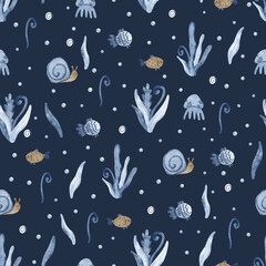 Beautiful seamless pattern with  seaweed, fish, snails, jellyfish and seashells.  Hand painted watercolor illustration on deep blue background. Great for fabrics, wrapping papers, covers