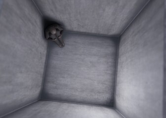 Dark human figure in jail four concrete walls 3d illustration