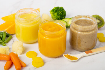 three jars of vegetables puree as baby food
