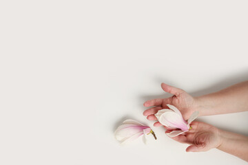 close-up of middle-aged woman's hand holding buds of spring flowers, pink magnolia, concept of awakening nature, aroma of plants, anti-aging cosmetology and care for aging skin