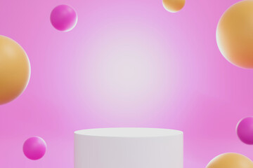 Concept stand podium in a pink tone with pink and orange spherical balls all around - 3d render.