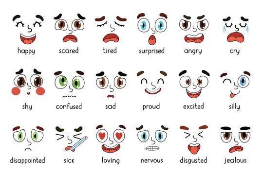 Emotions faces set. Different emotional expressions bundle. Learning feeling poster with eyes and mouths. Vector illustration