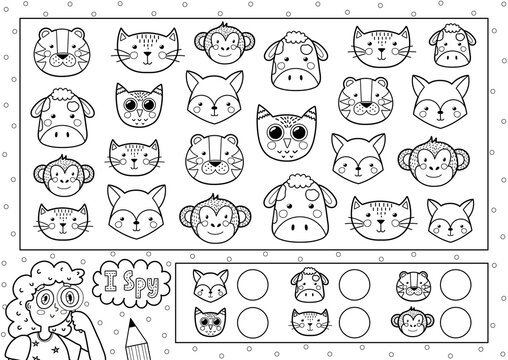I spy game coloring page for kids. Find and count cute animals. Search the same object black and white puzzle. How many elements are there. Vector illustration