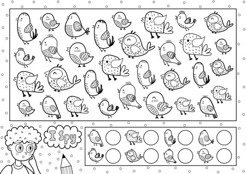 I spy game coloring page for kids. Find and count cute birds. Search the same object black and white puzzle. How many elements are there. Vector illustration