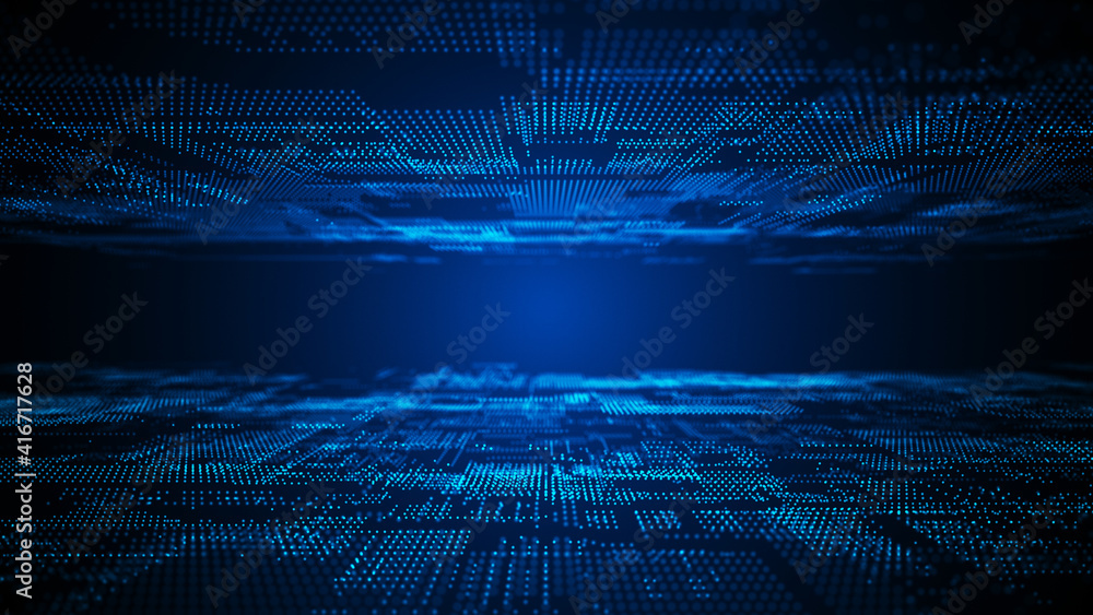 Poster digital background with moving glowing particles. futuristic hi-tech illustration. concept of data t