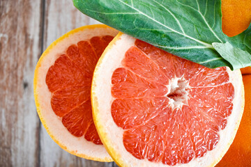 Juicy fruit, grapefruits in bowl. 