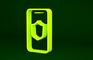 Yellow Smartphone, mobile phone with security shield icon isolated on green background. Security, safety, protection concept. Minimalism concept. 3d illustration 3D render.