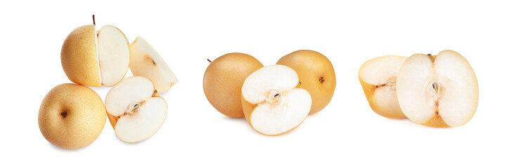 Naklejka na ściany i meble Set with fresh ripe apple pears on white background, banner design
