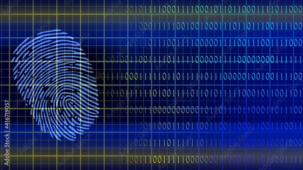 Poster abstract cyber security concept - graphic elements combined with binary code - fingerprint sign symb