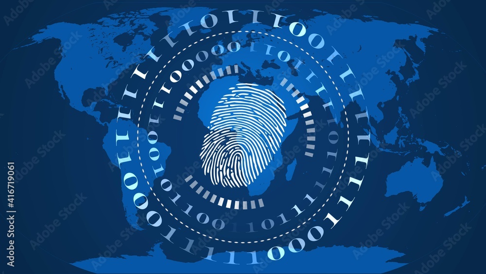 Poster abstract digital computer background - circles of binary code with fingerprint logo in the center - 