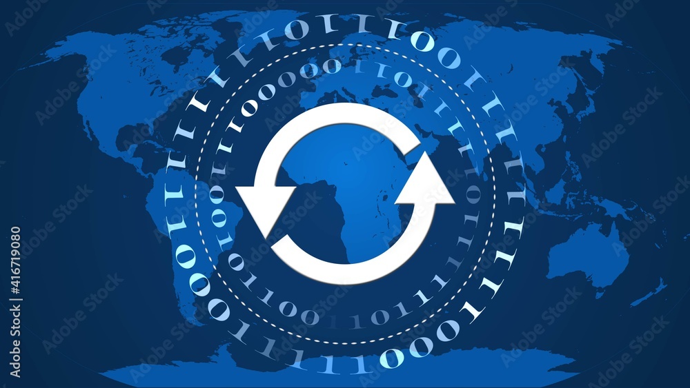 Poster abstract digital computer background - circles of binary code with update sign in the center - blue 
