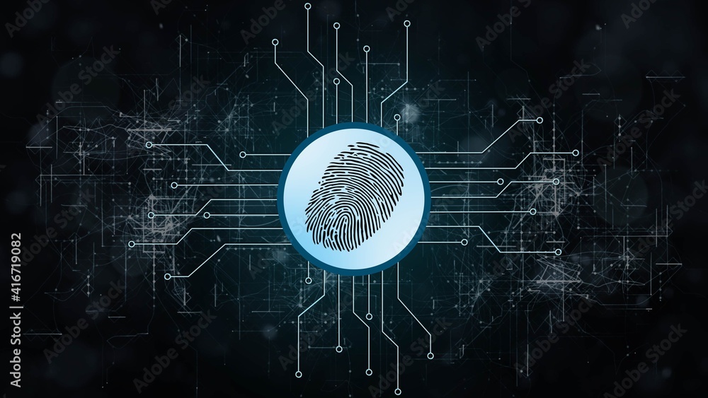 Poster fingerprint logo between information connecting lines - abstract background - security scanning iden