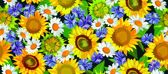 Sunflowers, camomiles and wildflowers vector seamless 