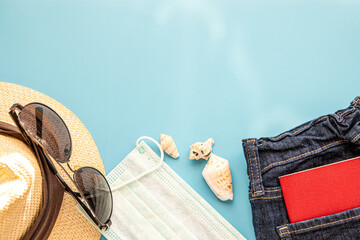 Outfit of traveler, student, teenager, young woman or guy. Overhead of essentials for modern young person. Different objects on background. Flatlay