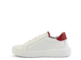 White leather sneakers with red pieces. Casual women's style. White lacing and white rubber soles....