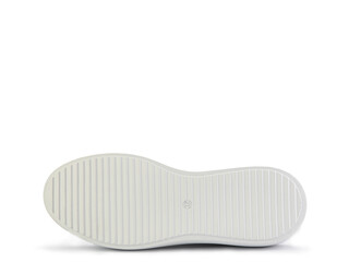 White leather sneakers with red pieces. Casual women's style. White lacing and white rubber soles. Isolated close-up on white background. Shoe sole view. Fashion shoes.