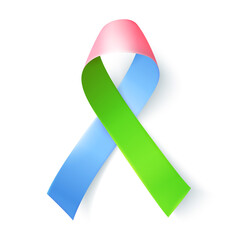 Symbol of rare disease, realistic pink, green, blue ribbon. Template for awareness day on 28 february isolated over white background, vector illustration.