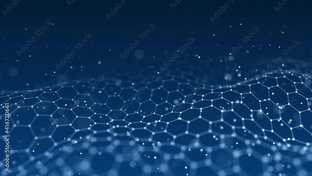 Poster abstract hexagon wave with moving dots. flow of particles. cyber technology illustration. 3d renderi