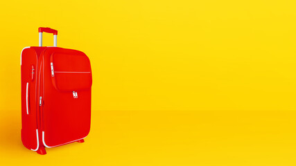 Red suitcase, baggage, luggage, trolley bag close up bright yellow background, travel banner, summer holidays design, vacation concept, tourism, frame, border, mockup, template, empty text copy space