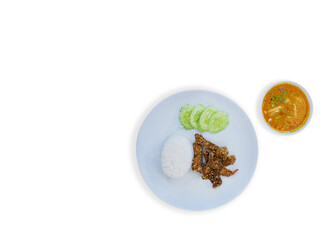 Fried Pork with Rice and cucumber, tom yum kung : clipping path