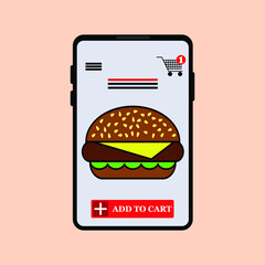 Smartphone and hamburger online food delivery, vector illustration