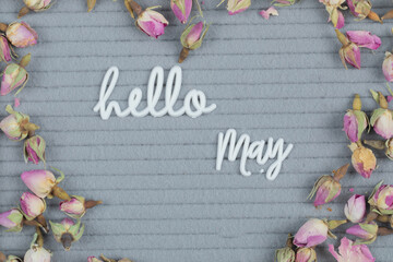 Hello may phrase embedded on grey background with flower blossoms around
