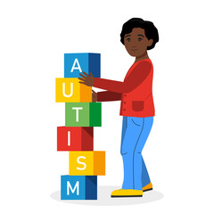 Autism concept. Afro american child stacks cubes with text. Vector illustration in cartoon style.