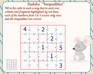  Logic game for children and adults. Inequality Sudoku. Development of attention, memory, thinking. Worksheet.