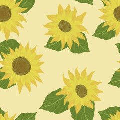 Seamless pattern with sunflowers on beige background. Vector backdrop with yellow flower in cartoon flat design.