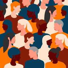 Seamless pattern with diverse female faces of different ethnicity. Vector illustration for women empowerment movement, international women’s day.
