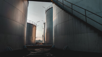Tank oil factory industrial. Storage crude oil. Large tank industry Palm oil 