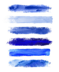 Watercolor blue brush strokes isolated on white background. Abstract collection, elements for design.