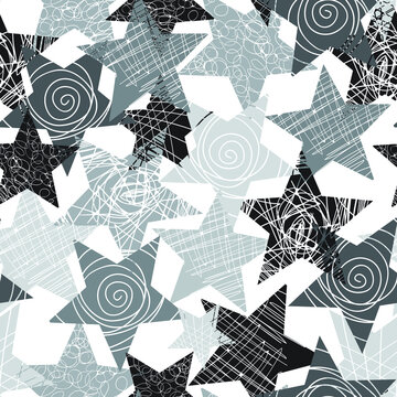 Abstract seamless grunge urban pattern.  cracker wall with across curved line, arrow, triangles. Grungy style wallpaper. Geometric repeated backdrop for boy, vinyl, sport textile, clothes.
