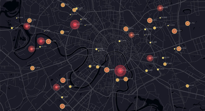 Smart city. Big data map. Urban data analysis. City clusters big data. Citizens activity hotspots. Futuristic monitoring technology background.