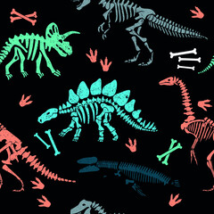 Seamless  Dino pattern, print for T-shirts, textiles, wrapping paper, web. Original design with t-rex,dinosaur skeleton.  grunge design for boys . 