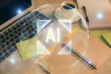 Multi exposure of technology theme drawing and desktop with coffee and items on table background. Concept of data research.