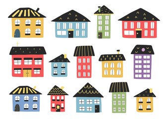 Cute cartoon houses set. Tiny town buildings collection. Flat isolated elements in trendy hand drawn style. Build your urban landscape. Kids and baby clipart. Vector illustration