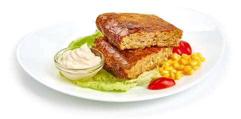 Cabbage casserole, freshly baked pie, isolated on white background. High resolution image