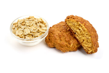 Oat cookies, healthy food, isolated on white background. High resolution image