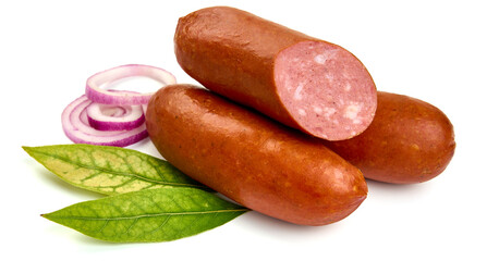 Smoked German Sausages, isolated on white background. High resolution image