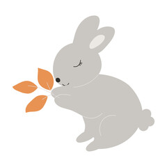 Grey Baby Bunny holds leaves in its paws. Little Rabbit. Cute Easter Animal. Hares Vector Kids Illustration isolated on background. Design for card, print, book, kids story