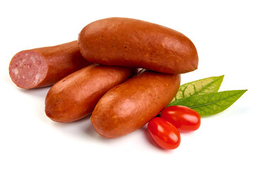 Smoked German Sausages, isolated on white background. High resolution image